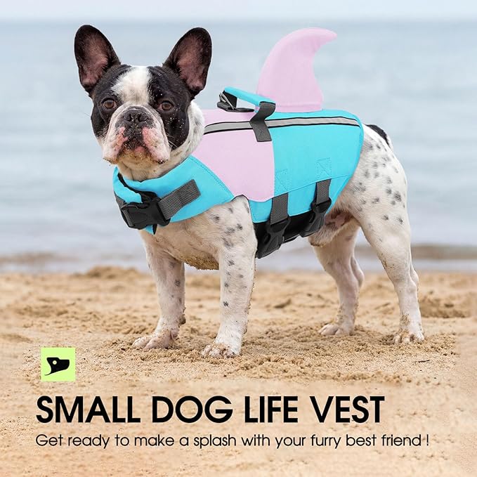 SUNFURA Dog Life Jacket Shark Life Vest for Dogs, Adjustable Swmming Vest with High Buoyancy, Safety Lifesaver with Rescue Handle for French Bulldog Small Medium Breeds, BluePink L