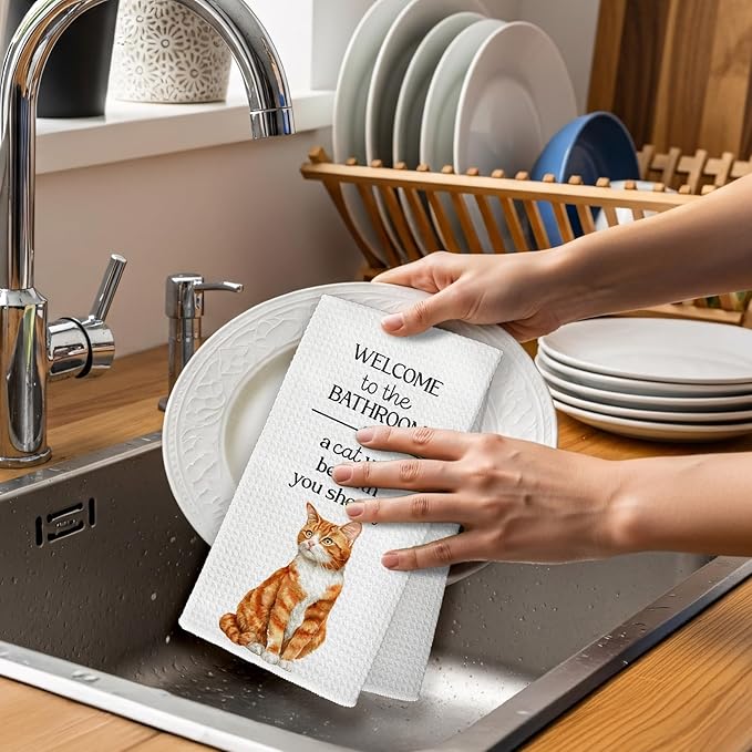 Funny Orange Cat Hand Towels, Funny Orange Tabby Cats Gifts for Cats Lovers Women Hand Towel, A Cat Will Be with You Shortly Decorative Towel for Bathroom, Fun Cute Kitty Bathroom Decor,16x24in