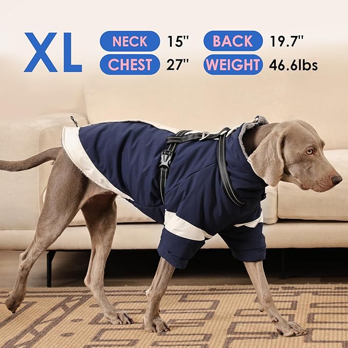 XXX-Large Dog Coat with Reflective Harness 2 in 1 for Dog Walking | Winter Turtleneck Windproof Coat for Large Dogs,Snowsuit with Sleeves Protect Joints,Cold-Weather Clothing(Navy-Blue)
