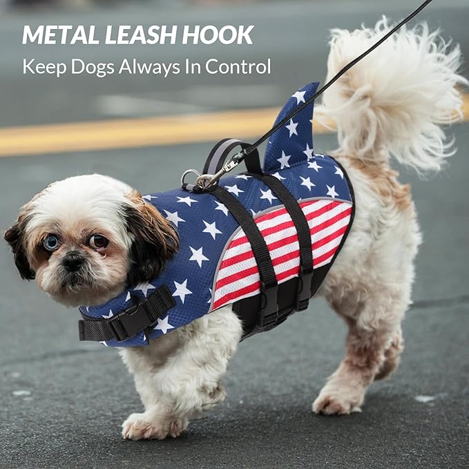 Queenmore Medium Dog Life Vest for Boating, American Flag Dog Life Vest for Swimming, Lightweight Medium Dog Life Jacket with Shark Fin/Rescue Handle/Leash Hook, M