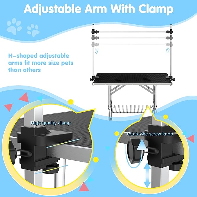 Lyromix 46''Large Dog Grooming Table, Adjustable Cat Drying Desktop with Arms, Nooses, Mesh Tray, Foldable Pet Station at Home, Maximum Capacity Up to 330Lb, 46inch, Black, 46in