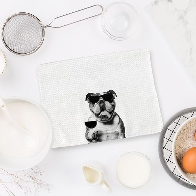 English Bulldog Gifts Wine Kitchen Towels Set of 2, Funny English Bulldog Wine Lover Decorative Hand Dish Towel for Kitchen Home Bar, Gifts for Dog Beer Lovers Home Bar Cart Decor(16x24Inch)