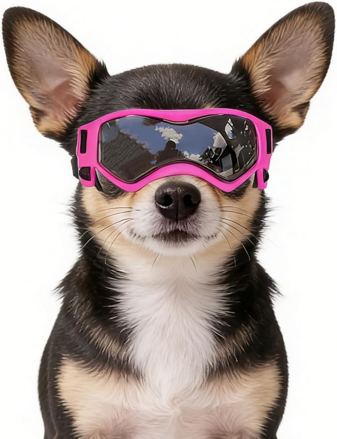 NAMSAN Dog Goggles Small Breeds, UV Protection Dog Glasses for Small Dogs, Puppy Sunglases Windproof Dustproof Driving Eye Protection, Adjustable, Classic Pink