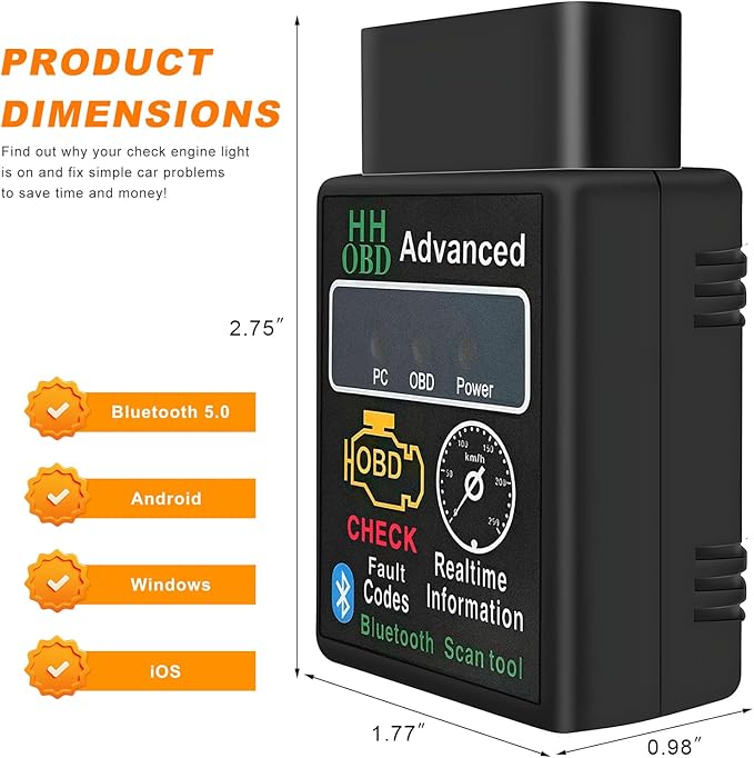 Bluetooth OBD2 Scanner for Car, Wireless OBDII Scan Tool Auto Engine Diagnostic Code Reader, Professional OBD2 Fault Diagnosis Tester Vehicle Interface Scanner for Phone and PC