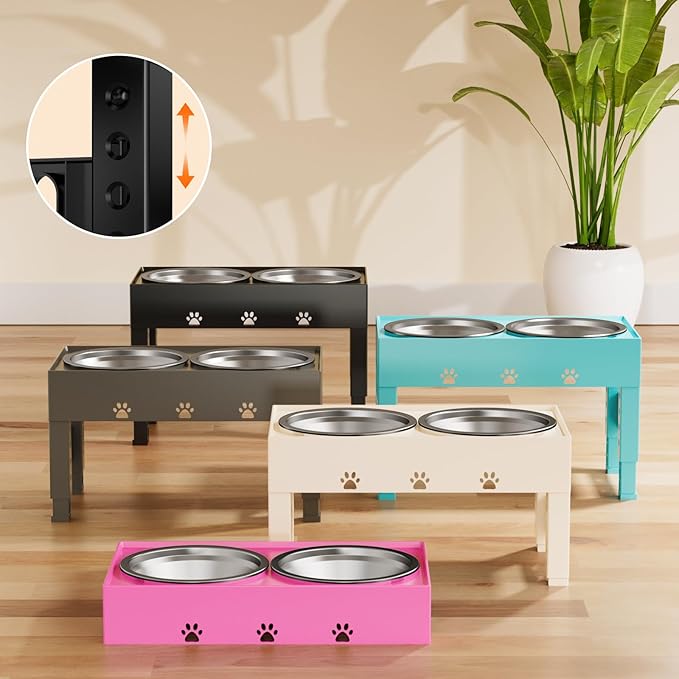 Elevated Dog Bowls with Mat, Raised Dog Food Bowl Stand with 2 Stainless Steel Bowls, 5 Height Adjustable (3.1", 9", 10", 11", 12") Non-Slip Feeder Set for Medium and Large Dogs – Pink