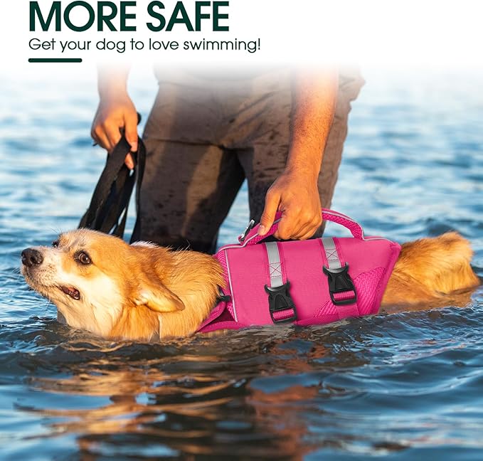 Kuoser Dog Life Jacket, High Flotation Dog Life Vest for Swimming Boating, Adjustable Ripstop Pet Lifesaver for Small Medium and Large Dogs, Reflective Safety Puppy Swimming Vest with Rescue Handle