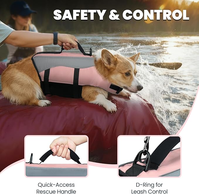 VIVAGLORY Front Float Dog Life Vest, Dog Life Jacket for Swimming & Boating, Swimming Vest with Chin Float & Handle, Ripstop & Buoyancy for Puppy Doggy, XL, Sakura Pink