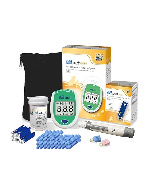 eBpet Blood Glucose Monitor System - Dogs and Cats Glucose Monitoring Kit 25 Blood Glucose Test Strips Lancing Device, Battery, 26 Gauge Sterile Lancets, and Carrying Case, Animal Care, Easy Switch between dogs and cats