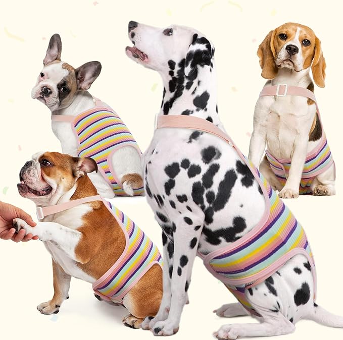 Dog Diaper Suspenders Female Striped Sanitary Pantie with Adjustable Suspenders, Washable Dog Period Panties Physiological Pants, Dog Period Onesie Pet Breathable Jumpsuits(Rainbow Pattern, L)