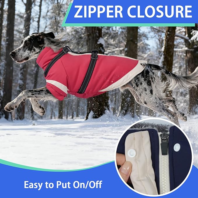 MIGOHI Thermal Large Dog Coat with Harness Waterproof Jacket for Large Dogs,Thick Dog Winter Coat,Snow Jacket for Dogs Windproof for Hunting Camping Chilly Days,Doberman,Great Dane,XXXL,Pink
