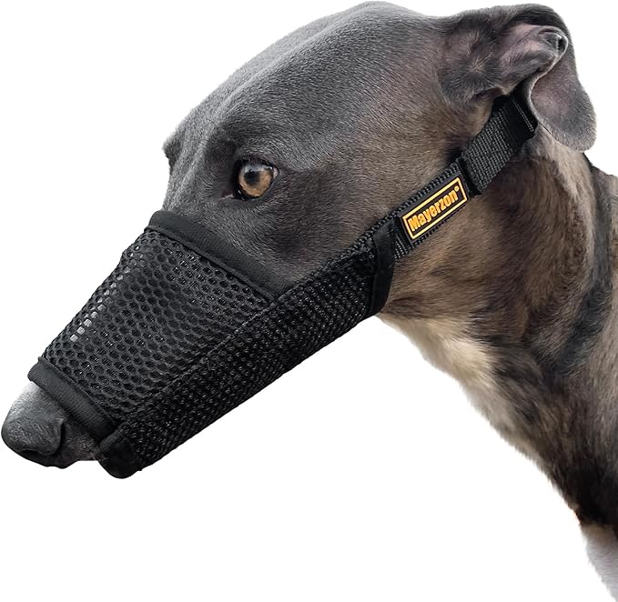 Mayerzon Greyhound Whippet Dog Muzzle, Soft Mesh Muzzle for Long Nose Dogs to Prevent Excessive Biting Chewing Eating, Suitable for Grooming Walking Vet Visits, Allowing Drinking Breathing (Black, L)