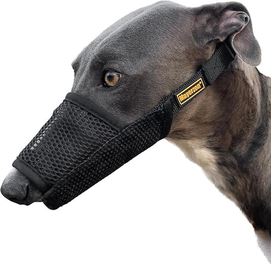 Mayerzon Greyhound Whippet Dog Muzzle, Soft Mesh Muzzle for Long Nose Dogs to Prevent Excessive Biting Chewing Eating, Suitable for Grooming Walking Vet Visits, Allowing Drinking Breathing (Black, L)