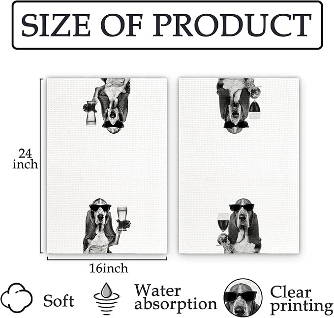 Gifts for Basset Hound Dog Wine Lovers Kitchen Towels Set of 2, Basset Hound Gifts Wine Decorative Hand Dish Towel for Kitchen Home Bar, Funny Dog Beer Lover Home Bar Cart Decor(16x24 Inch)