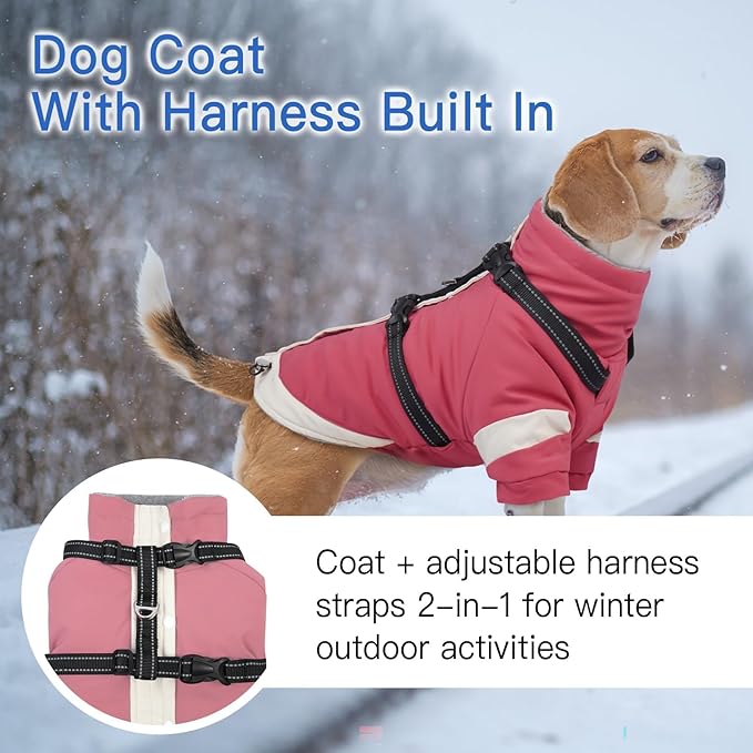 XS Dog Winter Coat with Harness Built in - Turtleneck with Sleeves| Water-Repellent Reflective Jackets for Night,Warm Puppy Clothes for Snow Cold Weather,Chihuahua (Pink)