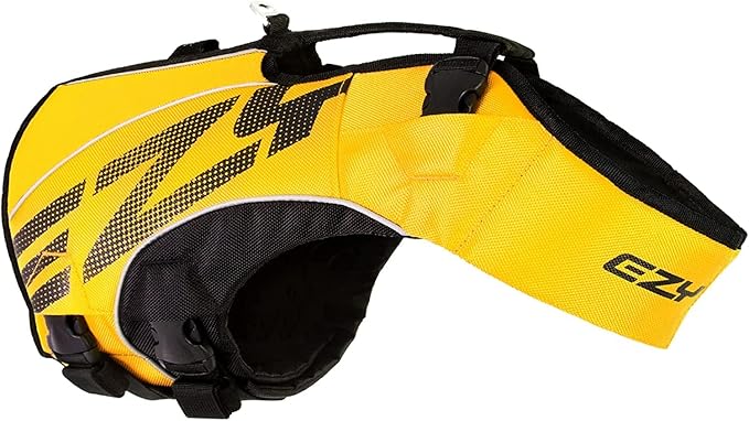 EzyDog DFD X2 Dog Life Jacket - Adjustable Swimming Safety Life Vest Preserver with Continuous Neck Flotation, Reflective Trim, & Grab Handle (2XS, Yellow)