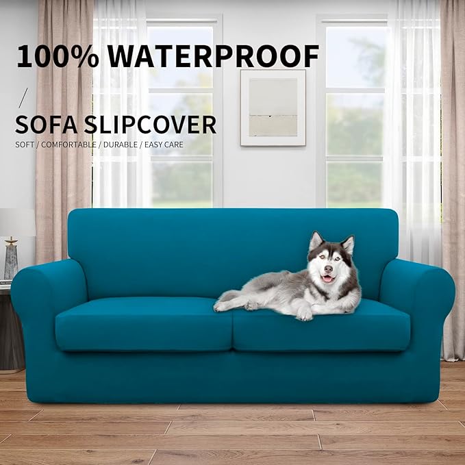 Easy-Going 100% Dual Waterproof 3 Pieces Oversized Loveseat Cover Stretch Soft Couch Cover for Dogs, Sofa Slipcover for 2 Separate Cushion Couch Leakproof Furniture Protector Peacock Blue