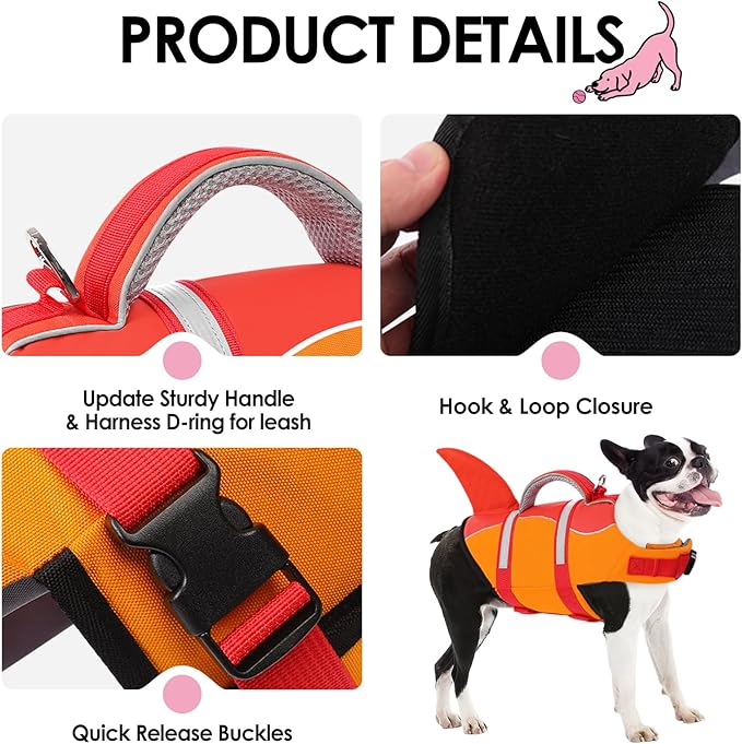 AOFITEE Dog Life Jacket, Dog Life Vest for Swimming, Shark Dogs Swimming Vest with Rescue Handle and Reflective Stripe, Ripstop Pet Float Coat Swimsuit Lifesaver Small Medium Large Dogs Orange S
