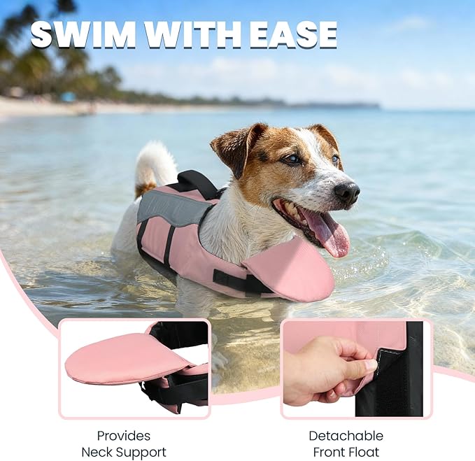 VIVAGLORY Dog Life Jacket with Removable Front Float, Life Vest with Reflective Trims & Extra Padding for Swimming & Boating, Sakura Pink, XS