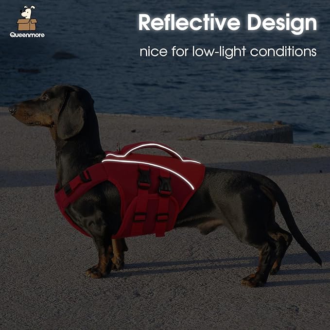 Queenmore Dog Life Jacket,Life Vest for Extra Large Dogs,Adjustable Reflective Dog Swimming Vest,Superior Buoyancy Dog Lifesaver,High Floating Pet Life Vest for Swimming(Red,2XL)