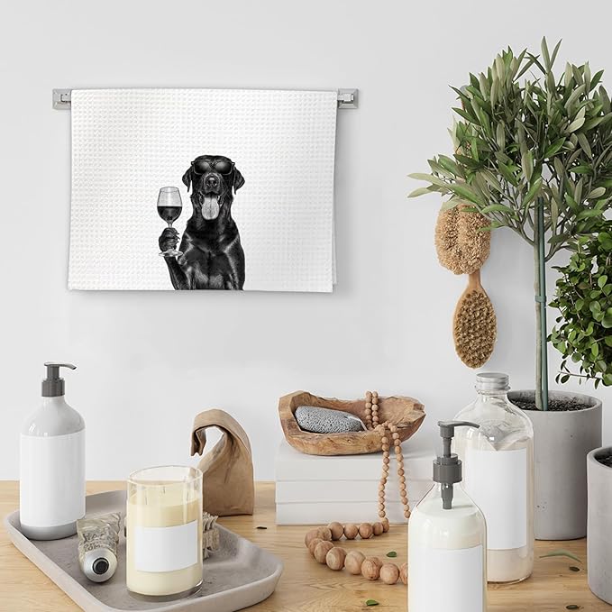 Gifts for Black Lab Dog Wine Lovers Kitchen Towels Set of 2, Black Labrador Retriever Gifts Wine Beer Decorative Hand Dish Towel for Kitchen Home Bar, Funny Dog Home Bar Decor(16x24 Inch)