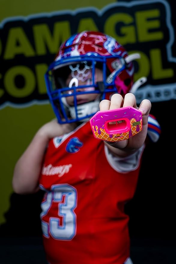 DAMAGE CONTROL Youth Football Mouth Guard – Breathable No Boil Mouthpiece, Protects Lips & Teeth, Works with Braces, Includes Helmet Strap – Sports Gear & Accessories (Brain Freeze)