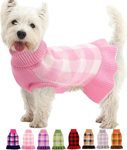 Dog Sweater Dress Plaid Knitwear for Small Medium Dogs Warm Puppy Pet Turtleneck Stretch Pullover Cute Fall Winter Vest Clothes with Leash Hole for Christmas (Pink, 2XL)