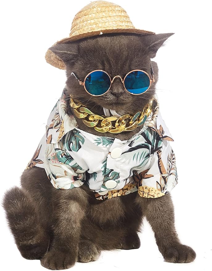 Hawaiian Dog T Shirts Pet Summer Clothes Cat Sunglasses Funny Straw Hat Kitten Costumes with Gold Chain Collar (Medium,White)