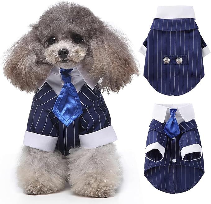 DENTRUN Navy Blue Dog Tuxedo - Formal Pinstripe Pet Suit Shirt with Satin Tie, Elegant Wedding Outfit Birthday Party Attire for Chihuahua Yorkie Shih Tzu Pomeranian Small Dogs (Polyester), S