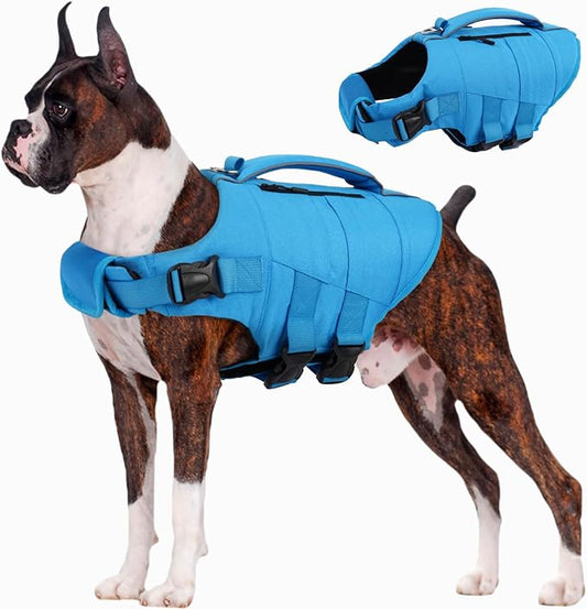 Kuoser Dog Life Jacket, High Flotation Dog Life Vest for Swimming Boating, Adjustable Small Medium Large Dogs Swim Vest with Rescue Handle and Pocket, Reflective Safety Pet Lifejacket Floats for Pool