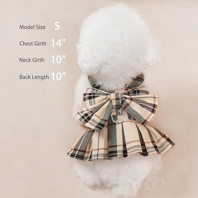 PUPTECK Plaid Dog Dress with Leash - Cute Puppy Harness Clothes for Small Medium Sized Dogs, Outfits for Girl Puppy Wedding Birthday Costume