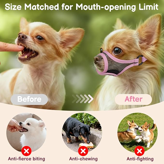Mayerzon Mesh Dog Muzzle, Adjustable Muzzle for Small Medium Dogs, Prevent Fierce Barking Biting Eating, Ideal for Grooming Vet Visits Walking, Allow Panting & Drinking, Soft & Breathable (Pink, S/M)