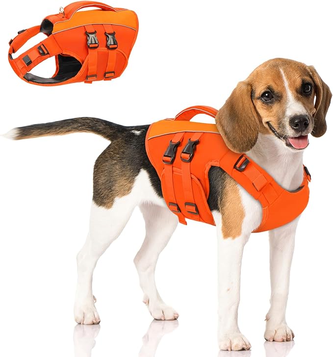 Queenmore Dog Life Jacket,Pet Life Vest for Swimming,Adjustable Reflective Pet Swimming Vest,High Buoyancy Dog Life Jacket,Pet Life Preserver(Orange,L)