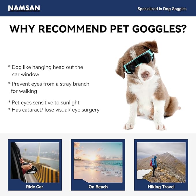 NAMSAN Dog Goggles Small Breeds, UV Protection Dog Glasses for Small Dogs, Puppy Sunglases Windproof Dustproof Driving Eye Protection, Adjustable, Cute Blue