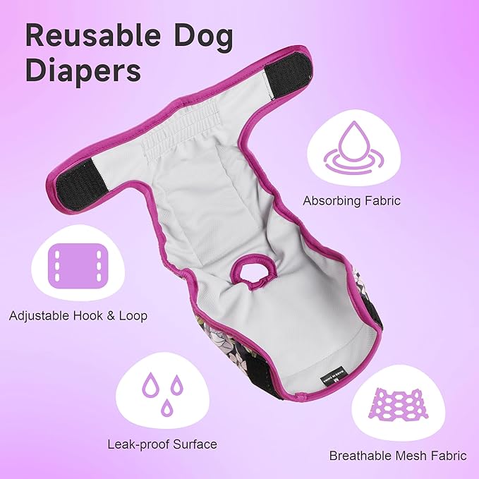 Washable Dog Diapers (3 Pack), Reusable Dog Diapers for Doggie Heat Period, Reusable Doggie Diaper for Female Dogs (Small)