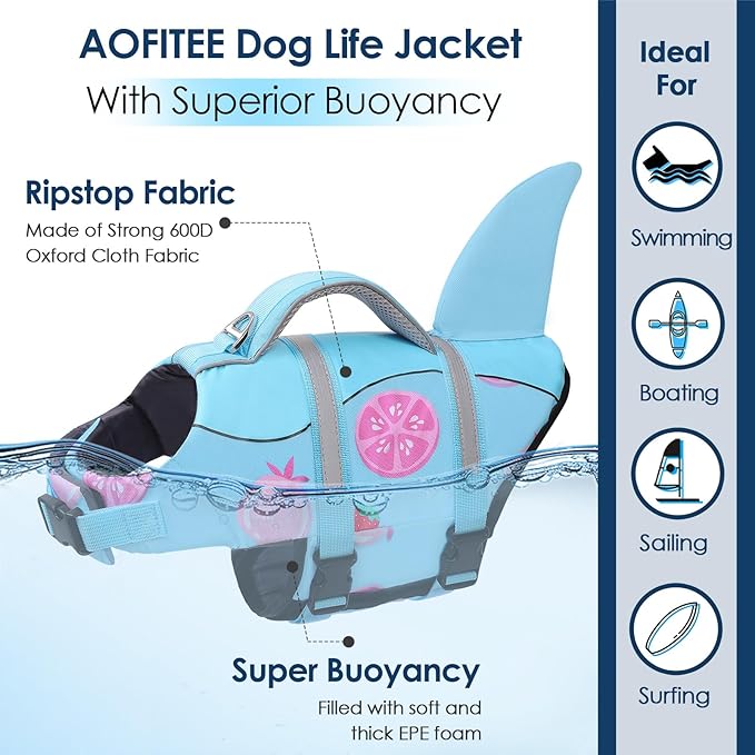 AOFITEE Dog Life Jacket, Shark Dog Life Vest for Swimming Boating, High Flotation Pet Lifesaver with Rescue Handle, Reflective French Bulldog Lifejacket, Swim Vest for Small Medium Large Dogs, M