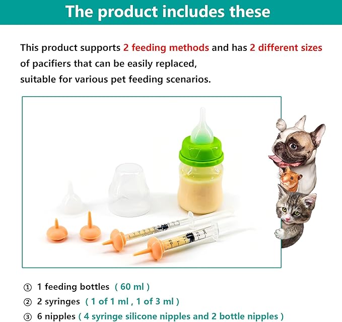 Pet Feeding Bottle and Syringe Set for Puppies and Kittens(1 Bottles,2 Syringes,6 Nipples), Green