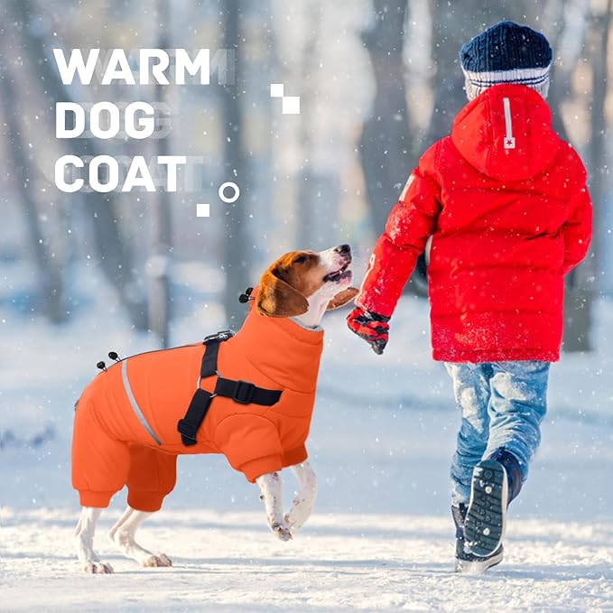 BRKURLEG Small Dog Winter Coat with Harness Built in, Orange Winter Dogs Jackets, Fullbody Dog Coat, Dogs Snowsuits Reflective Windproof Cold Weather Coats, Pet Warm Fleece Coats, M