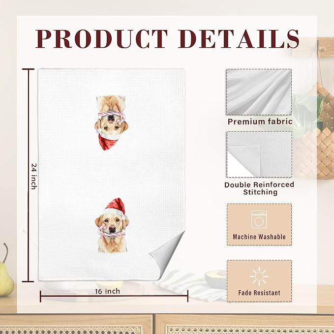Christmas Labrador Retriever Kitchen Dish Towels, Labrador Retriever Gifts for Women, Funny Santa Hat Candy Cane Dog Holiday Decorative Hand Tea Towels for Bathroom, 16x24 Inch