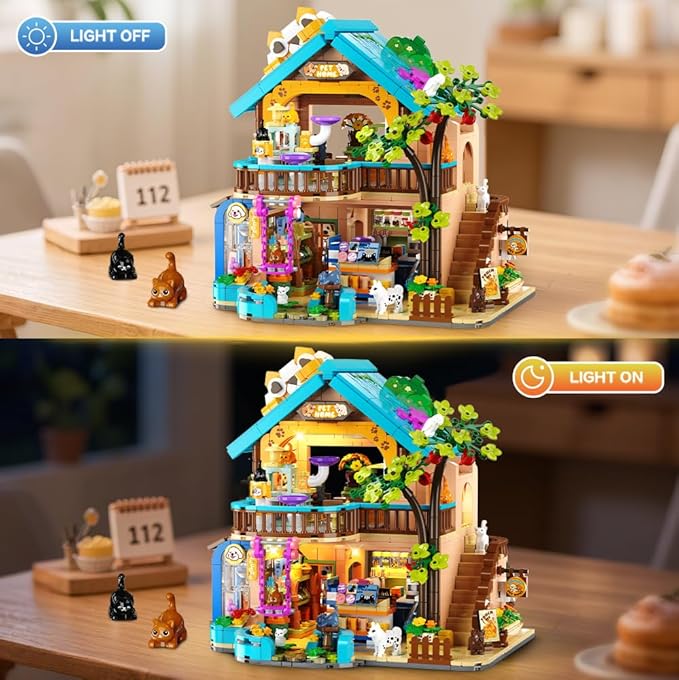 City Pet Shop Building Set with Lights, Cozy Pet Store Construction Toy with Cats Dogs, Cute Animal Store Miniature House Model Building Block Kit for Adults Kids Boys Girls Ages 8-12+