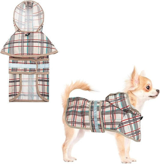 KOOLTAIL Dog Raincoat Hooded Slicker Poncho with Leash Hole, Raincoat for Small Medium Dogs, Waterproof Doggie Rain Jacket with Reflective Strip, Adjustable Breathable Plaid Puppy Rainwear-Beige XS