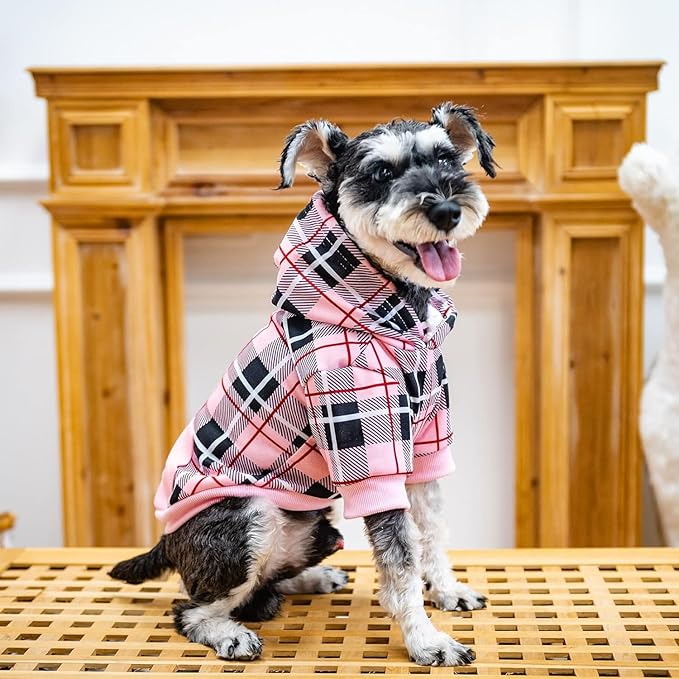 EXPAWLORER Plaid Dog Hoodie - British Style Warm Dog Sweater Shirt with Leash Hole,Pitbull Clothes Outfits,Winter Coat Apparel for All Breeds Puppy Girl Boy-Cat Apparel,Pink Medium