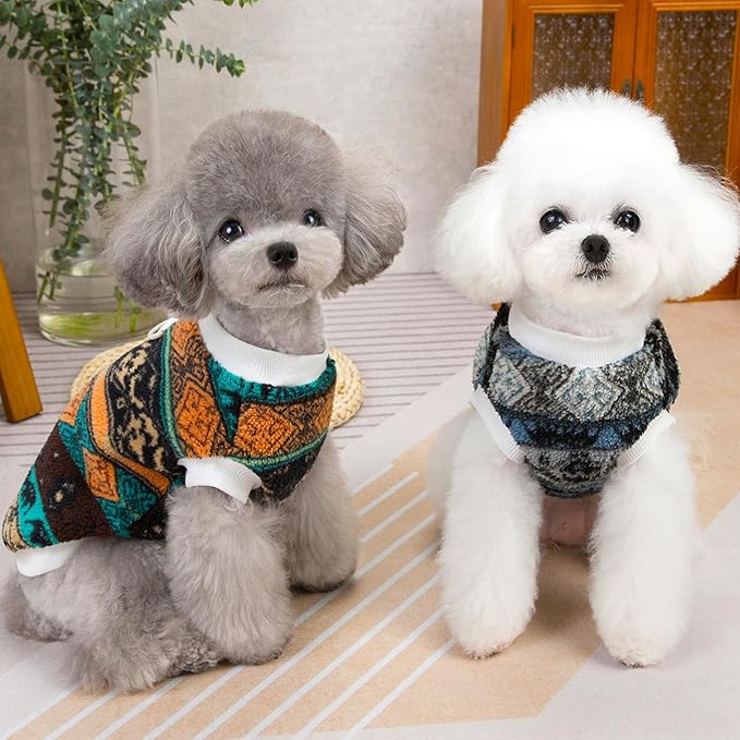 Pet Pullover Dog Sweater Ethnic Winter Puppy Clothes for Small Dogs Cats Warm Dog Knitwear Outfits Doggy Knitted Clothing with D-Ring, 2 Pack, Khaki Grey, X-Small