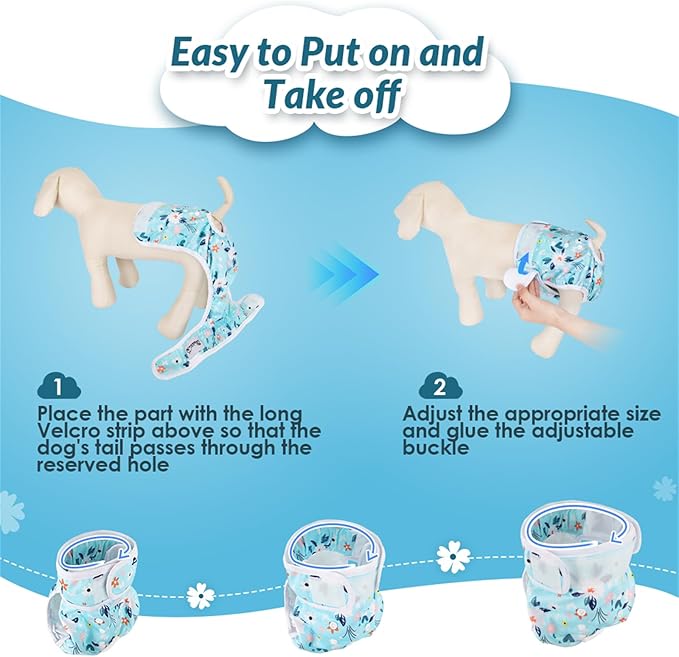 SlowTon Washable Dog Diapers Female - 3 Pack No Leak Reusable Doggie Puppy Diaper with Adjustable Buttons, Comfortable Female Dog Diapers for Heat Cycle Period Small Medium Large Dogs (S)