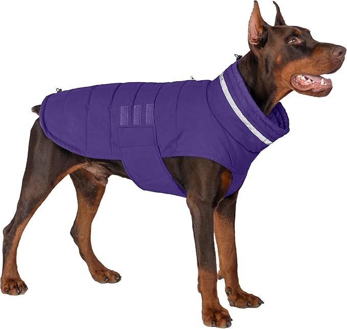 Mklhgty Waterproof Dog Coat for Large Dogs, Warm Dog Winter Jacket, Reflective Windproof Turtleneck Coats with Adjustable Hook & Loop - Purple - XL