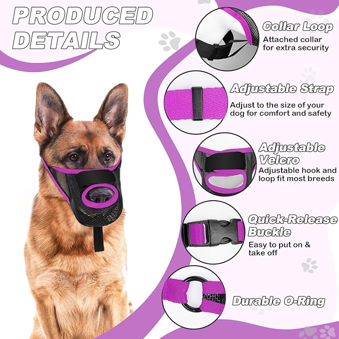 Dog Muzzle, Soft Air Mesh Muzzles for Large Sized Dogs, Breathable Dog Mussels for Scavenging Biting Licking & Barking, Adjustable Mouth Guard with Front Opening, Allows Panting & Drinking (Purple,L)