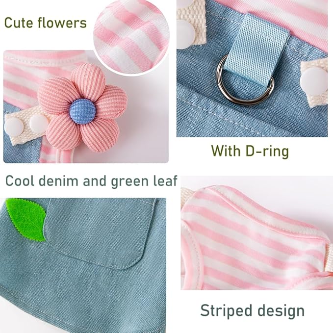 ANIAC Denim Small Puppy Dress 3D Flowers Girl Dog Clothes with D-Ring and Pocket Striped Female Cat Harness Dresses Shih Tzu Yorkies Chihuahua Outfits Summer Pet Clothing (Large, 3D Pink Flowers)