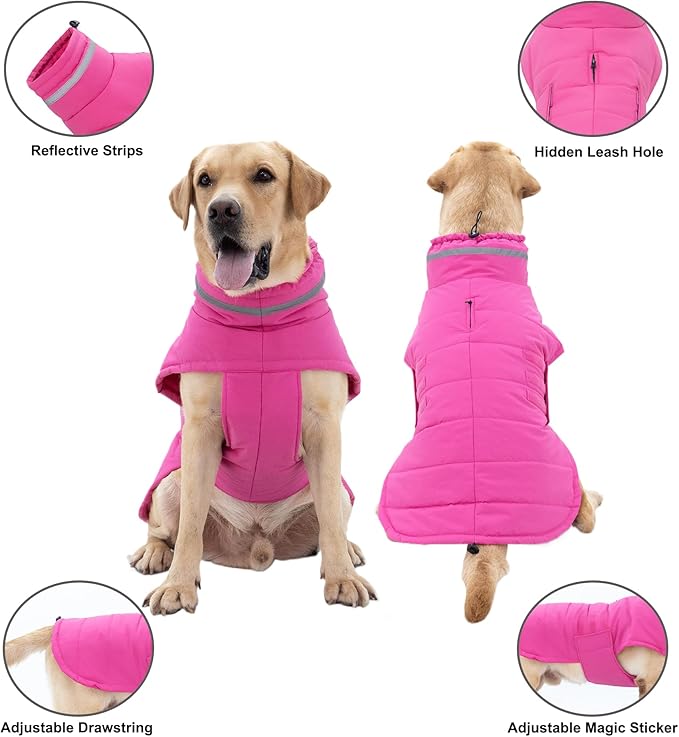 Mklhgty Waterproof Dog Coat for Large Dogs, Warm Dog Winter Jacket, Reflective Windproof Turtleneck Coats with Adjustable Hook & Loop - Pink - XL