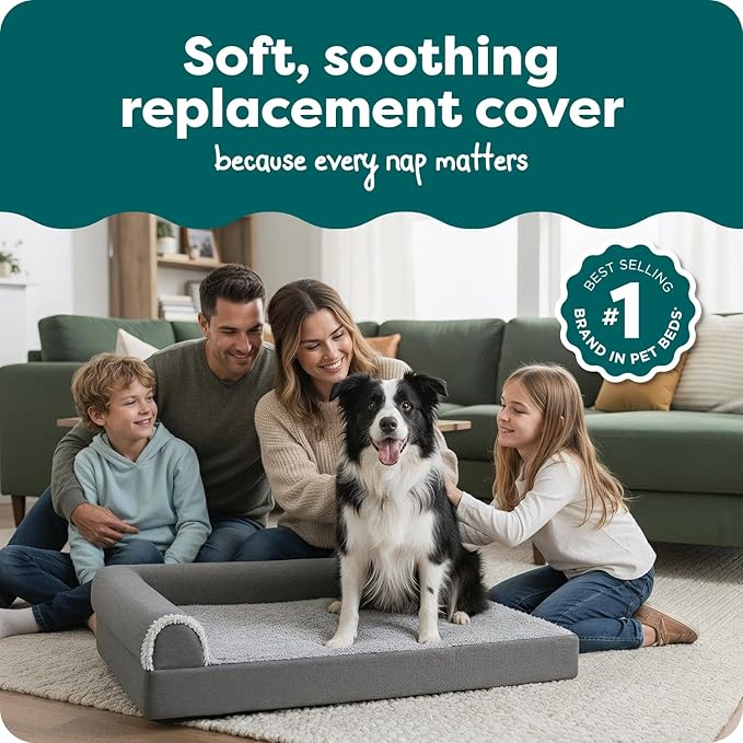FurHaven Replacement Dog Bed Cover, Two-Tone Bed Cover for L-Shaped Chaise, Removable Washable Cover, Large, Faux Fur & Suede, Stone Gray