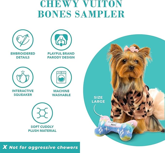 Haute Diggity Dog Large Chewy Vuiton Bones Plush Dog Toys for Small, Medium & Large Dogs, 4-Pack Durable Stuffed Designer-Inspired Pet Toys with Interactive Squeaker, Machine-Washable & Safe