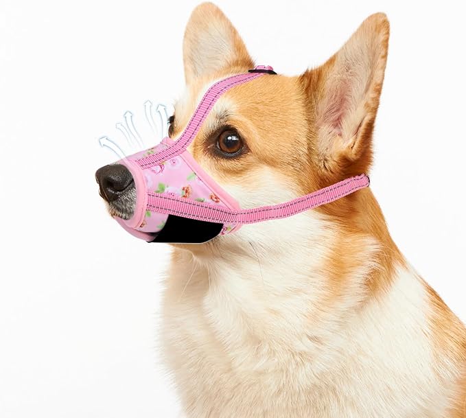 PAWCHIE Dog Muzzle, Soft Muzzle Anti Biting Barking Chewing, Comfortable Air Mesh Mouth Guard Breathable Adjustable Loop Pets Muzzle for Small Medium Large Dogs,Allows Panting Drinking,Pink Flowers M